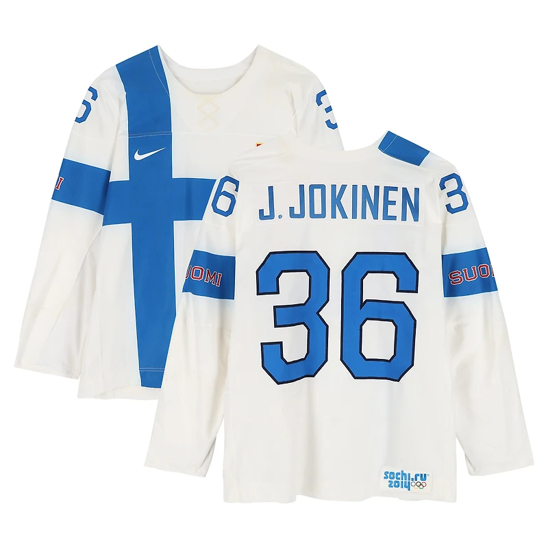 Jussi Jokinen Team Finland Game-Used #36 White Nike Jersey vs. Team Austria on February 13 during the 2014 Olympic Games