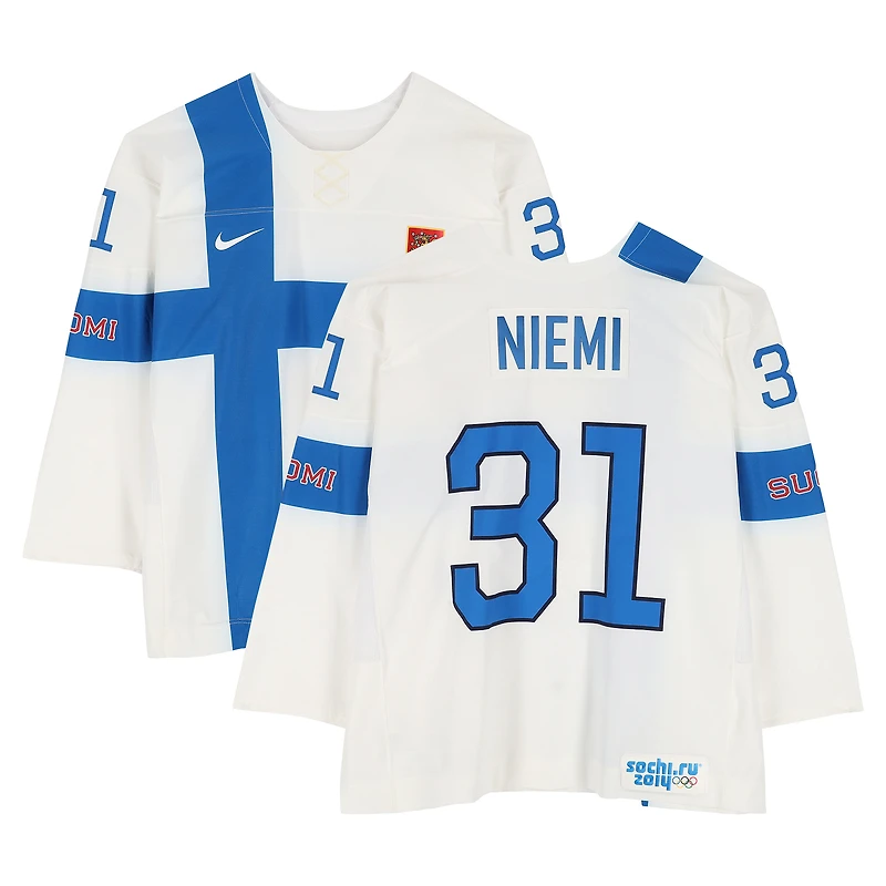 Antti Niemi Team Finland Player-Issued #31 White Nike Jersey vs. Team Austria on February 13 during the 2014 Olympic Games