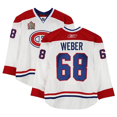 Yannick Weber Montreal Canadiens Practice-Used #68 White Reebok Jersey vs. Calgary Flames on February 20, 2011 - NHL Heritage Classic - Worn During Warm-Ups
