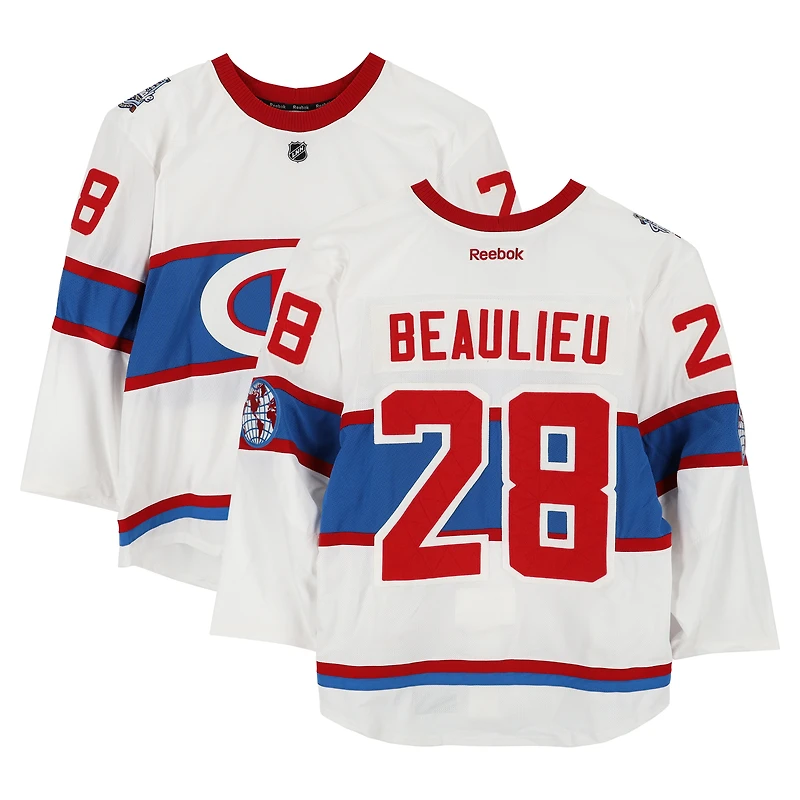 Nathan Beaulieu Montreal Canadiens Practice-Used #28 White Reebok Jersey vs. Boston Bruins on January 1, 2016 - NHL Winter Classic - Worn During Warm-Ups