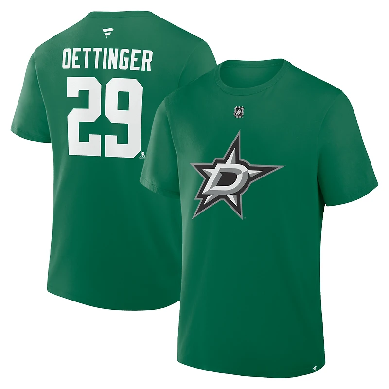 Men's Fanatics Jake Oettinger Kelly Green Dallas Stars Authentic Stack Name & Number T-Shirt