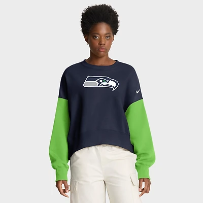 Women's Nike College Navy Seattle Seahawks Oversized Color-Block Pullover Sweatshirt