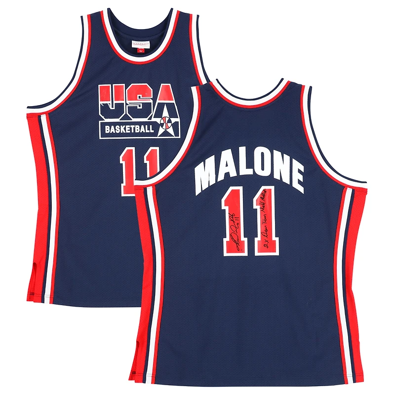 Karl Malone Team USA Autographed Mitchell & Ness Navy 1996 Authentic Jersey with Multiple Inscriptions - Limited Edition of 10