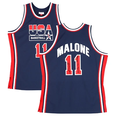 Karl Malone Team USA Autographed Mitchell & Ness Navy 1996 Authentic Jersey with Multiple Inscriptions - Limited Edition of 10