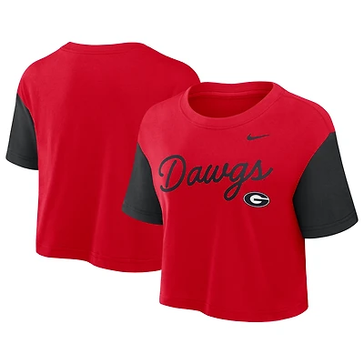 Women's Nike Red/Black Georgia Bulldogs Color-Block Script Dri-FIT Cropped T-Shirt