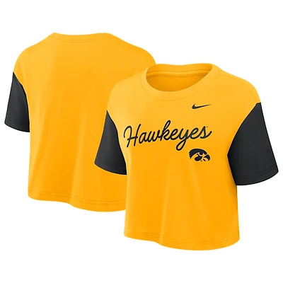 Women's Nike Gold/Black Iowa Hawkeyes Color-Block Script Dri-FIT Cropped T-Shirt
