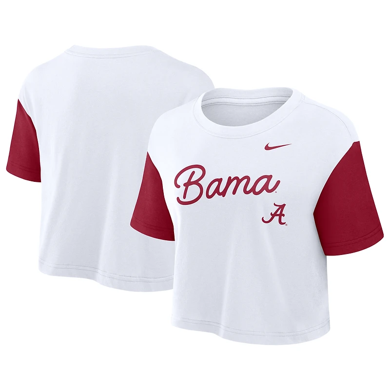 Women's Nike White/Crimson Alabama Crimson Tide Color-Block Script Dri-FIT Cropped T-Shirt