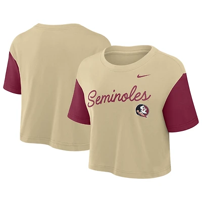 Women's Nike Gold/Garnet Florida State Seminoles Color-Block Script Dri-FIT Cropped T-Shirt