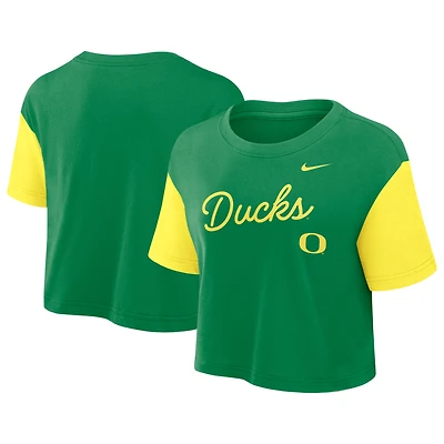 Women's Nike Green/ Oregon Ducks Color-Block Script Dri-FIT Cropped T-Shirt