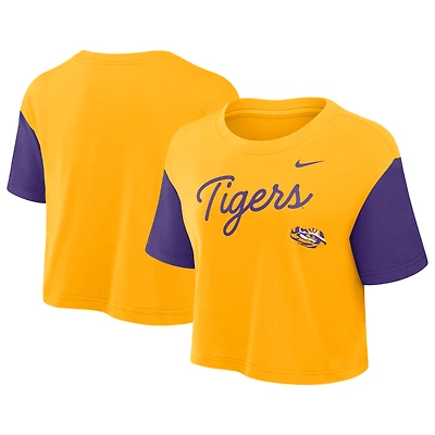 Women's Nike Gold/Purple LSU Tigers Color-Block Script Dri-FIT Cropped T-Shirt