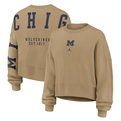 Women's Jordan Brand Tan Michigan Wolverines Oversized Phoenix 2-Hit Pullover Sweatshirt