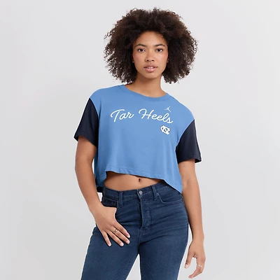 Women's Jordan Brand Carolina Blue/Navy North Tar Heels Color-Block Script Dri-FIT Cropped T-Shirt