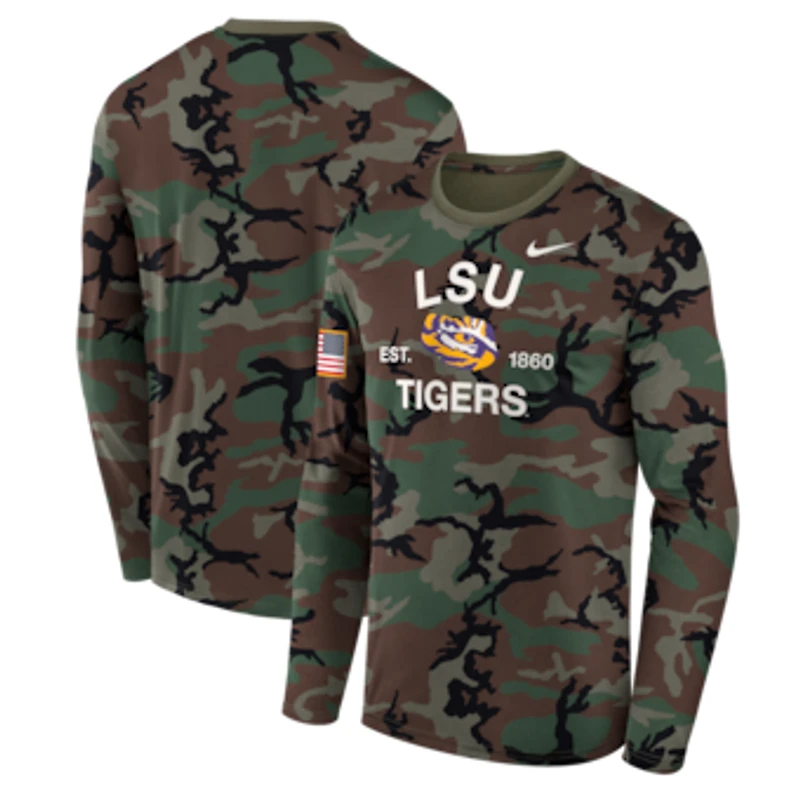 Men's Nike Camo LSU Tigers 2025 Military Appreciation Legend Dri-FIT Long Sleeve T-Shirt