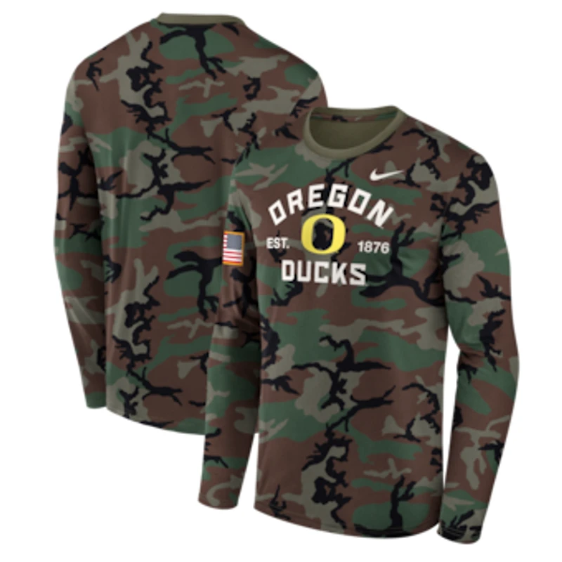 Men's Nike Camo Oregon Ducks 2025 Military Appreciation Legend Dri-FIT Long Sleeve T-Shirt