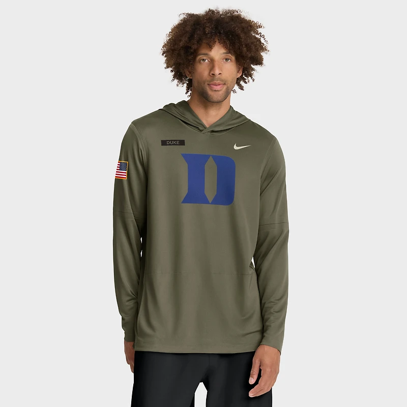 Men's Nike Olive Duke Blue Devils 2025 Military Appreciation Dri-FIT Long Sleeve Hoodie T-Shirt