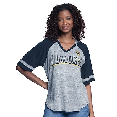 Women's G-III 4Her by Carl Banks  Navy Milwaukee Brewers Hall of Fame Raglan Oversized Half-Sleeve V-Neck Top