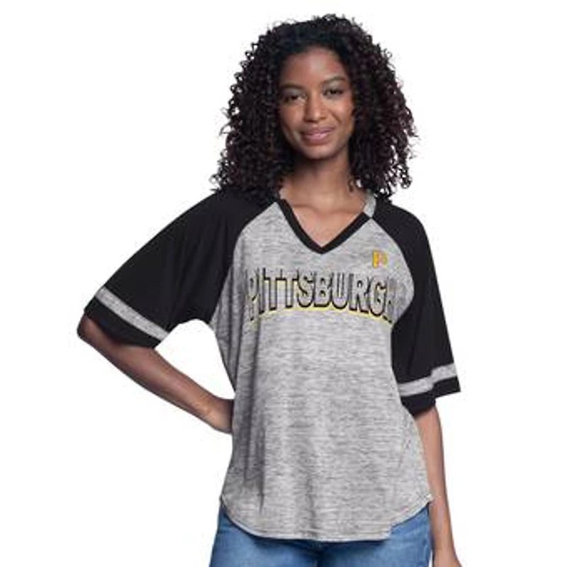 Women's G-III 4Her by Carl Banks Black Pittsburgh Pirates Hall of Fame Raglan Oversized Half-Sleeve V-Neck Top