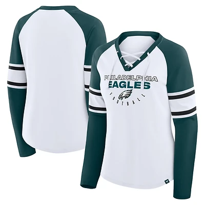 Women's Fanatics White/Green Philadelphia Eagles Redzone Blitz Package Raglan Lace-Up V-Neck Long Sleeve T-Shirt