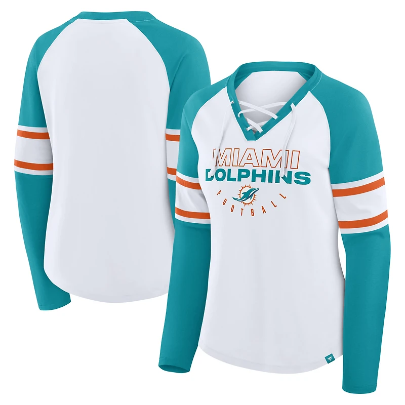 Women's Fanatics White/Aqua Miami Dolphins Redzone Blitz Package Raglan Lace-Up V-Neck Long Sleeve T-Shirt