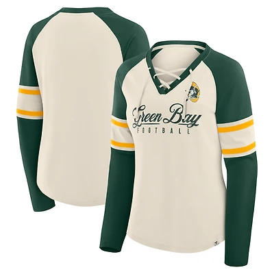 Women's Fanatics Cream/Green Green Bay Packers Hometown Gridiron Hero Raglan Lace-Up V-Neck Long Sleeve T-Shirt