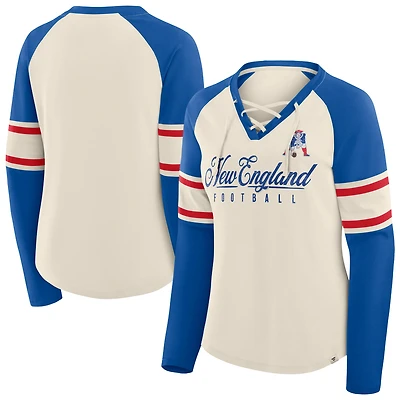 Women's Fanatics Cream/Royal New England Patriots Hometown Gridiron Hero Raglan Lace-Up V-Neck Long Sleeve T-Shirt