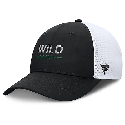 Men's Fanatics Black/White Minnesota Wild Authentic Pro Rink Lockup Adjustable Trucker Hat