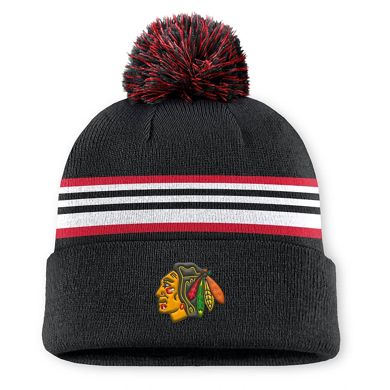 Men's Fanatics Black Chicago Blackhawks Authentic Pro Rink Cuffed Knit Hat with Pom