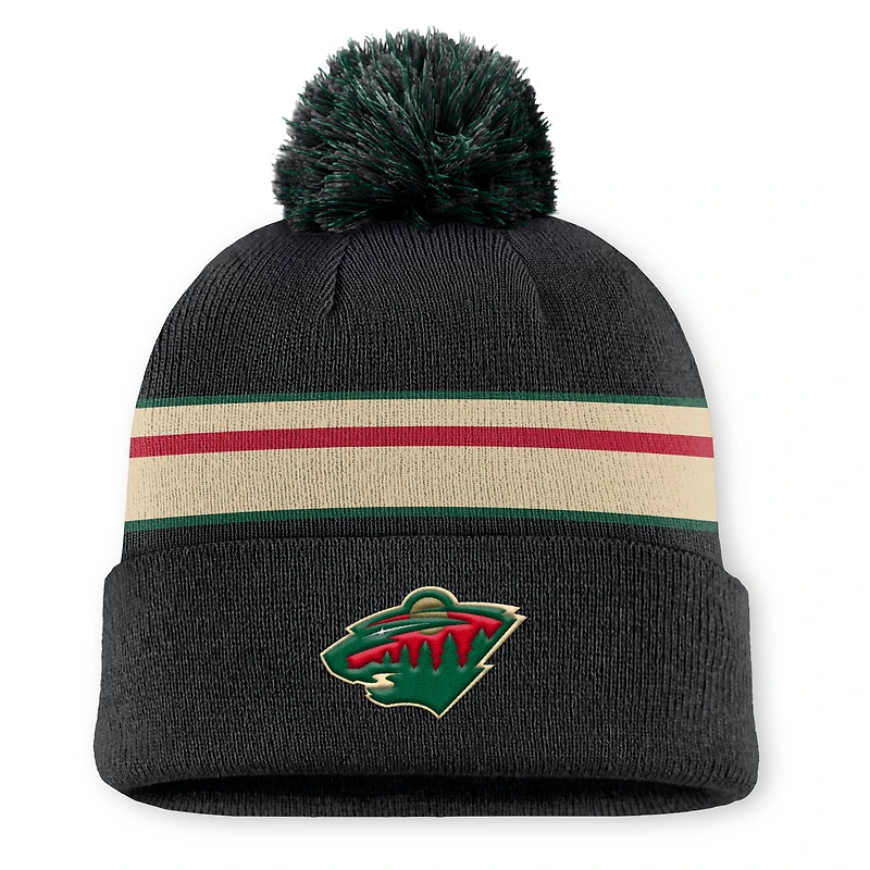 Men's Fanatics Black Minnesota Wild Authentic Pro Rink Cuffed Knit Hat with Pom