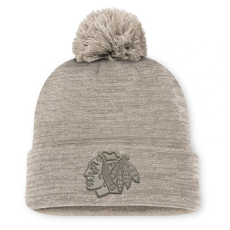Men's Fanatics Tan Chicago Blackhawks Authentic Pro Road Cuffed Knit Hat with Pom