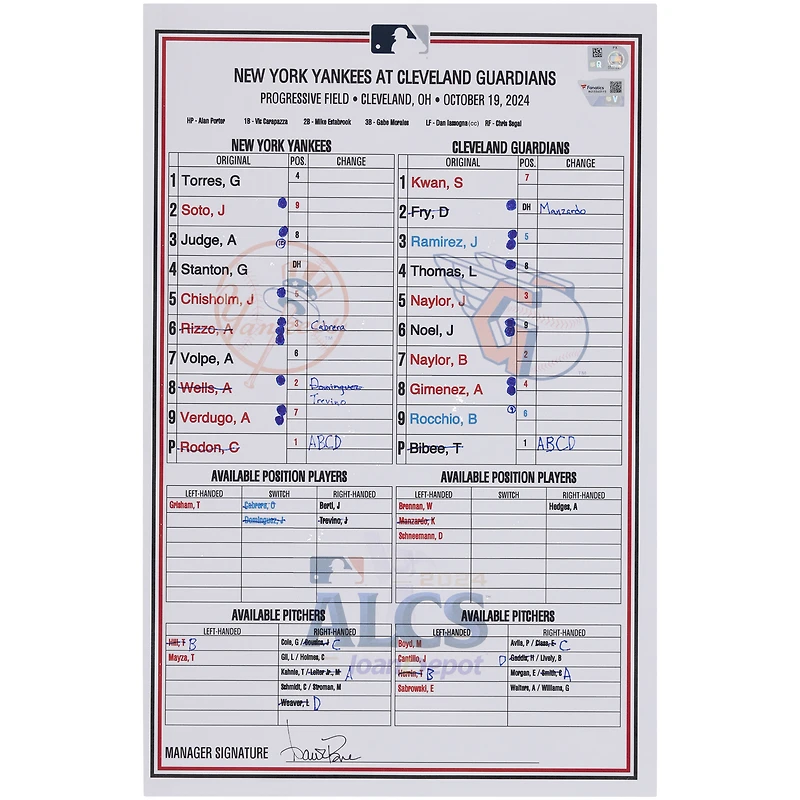 New York Yankees Game-Used ALCS Lineup Card vs. Cleveland Guardians on October 19, 2024