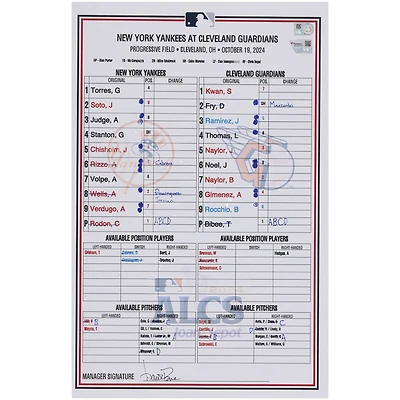 New York Yankees Game-Used ALCS Lineup Card vs. Cleveland Guardians on October 19, 2024