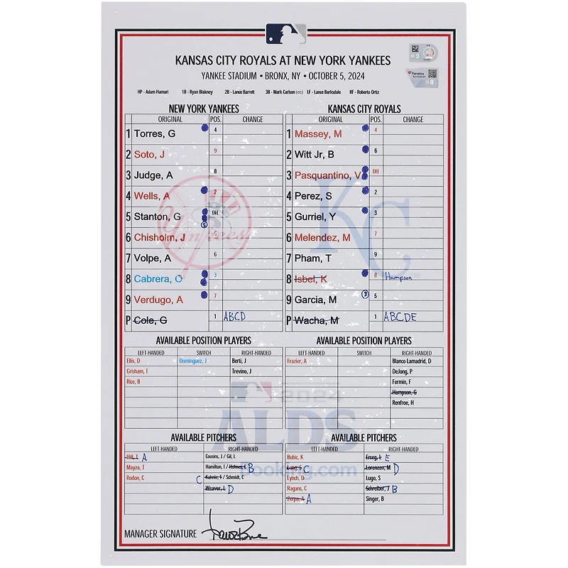 New York Yankees Game-Used ALDS Lineup Card vs. Kansas City Royals on October 5, 2024
