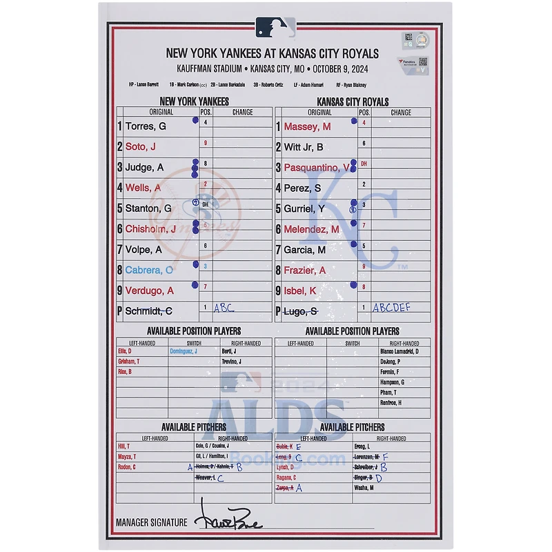 New York Yankees Game-Used ALDS Lineup Card vs. Kansas City Royals on October 9, 2024