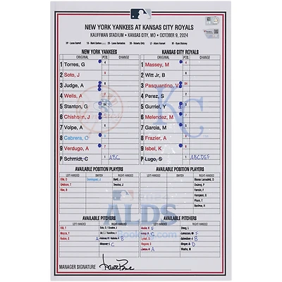 New York Yankees Game-Used ALDS Lineup Card vs. Kansas City Royals on October 9, 2024