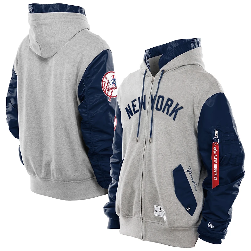 Men's New Era x Alpha Industries Grey/Navy New York Yankees MA-1 Full-Zip Fleece Hoodie Jacket