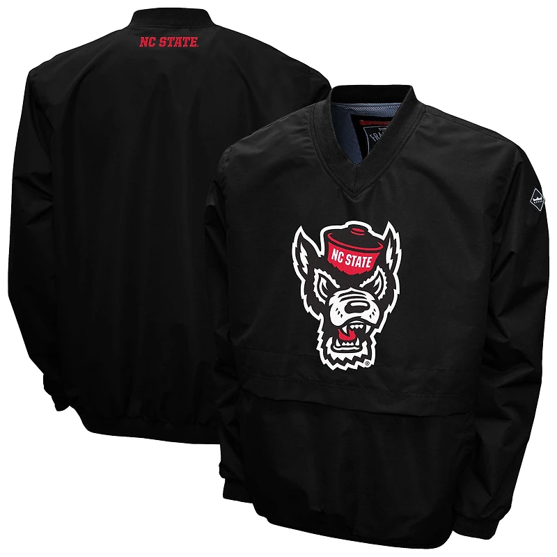 Men's Franchise Club Black NC State Wolfpack Big Logo Windshell V-Neck Pullover Jacket