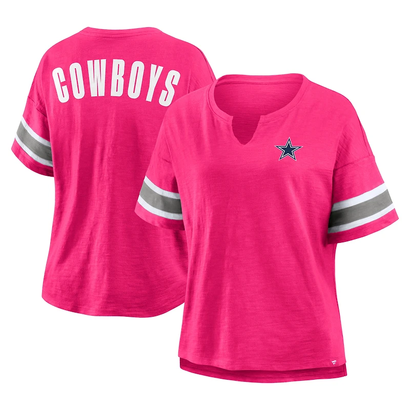Women's Fanatics Pink Dallas Cowboys Redzone Bling Stripe Sleeve Notch Neck T-Shirt