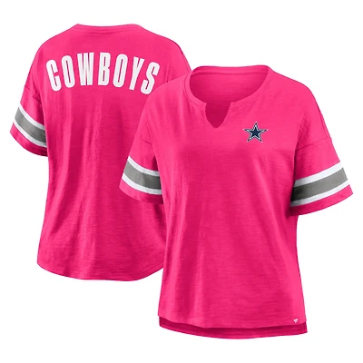 Women's Fanatics Pink Dallas Cowboys Redzone Bling Stripe Sleeve Notch Neck T-Shirt