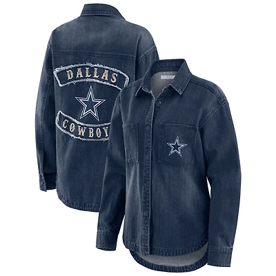 Women's WEAR by Erin Andrews Denim Dallas Cowboys Washed Oversized Full-Snap Shacket