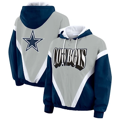 Women's WEAR by Erin Andrews Navy/Silver Dallas Cowboys Retro Crinkle Full-Zip Hoodie Windbreaker