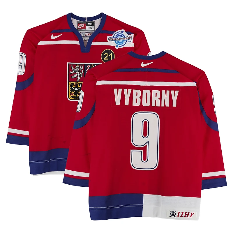David Výborný Team Czech Republic Game-Used #9 Red Nike Jersey vs. Team Germany on September 3 during the 2004 World Cup of Hockey