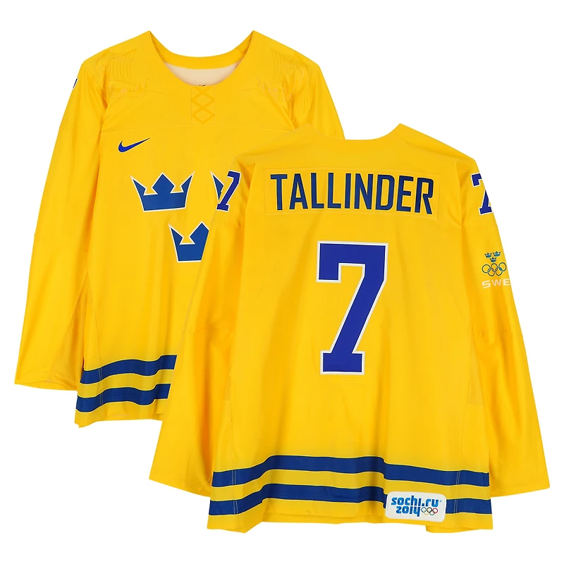Henrik Tallinder Team Sweden Game-Used #7 Yellow Nike Jersey vs. Team Switzerland on February 14 during the 2014 Olympic Games