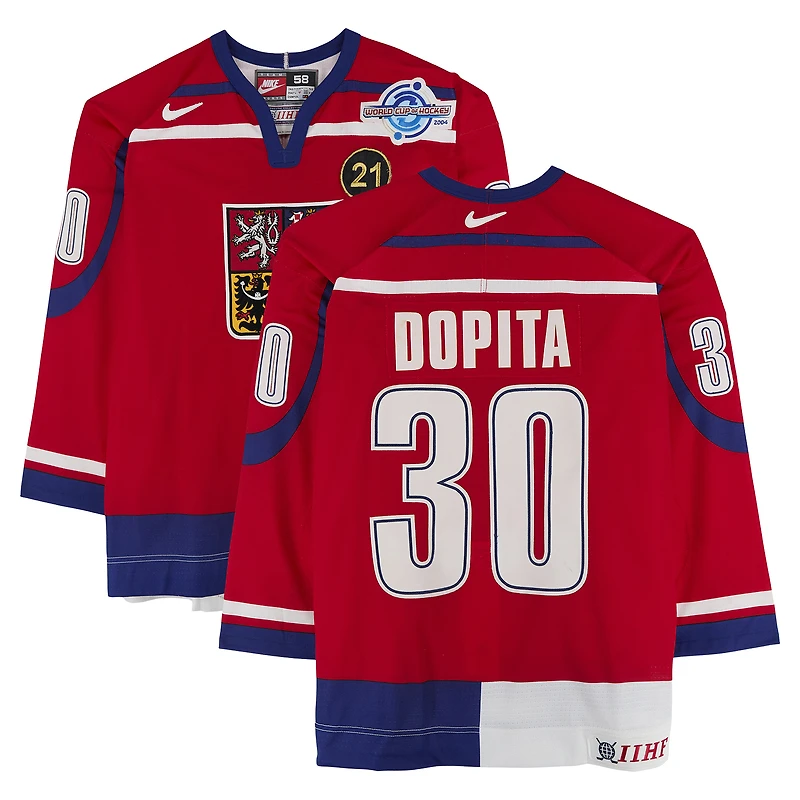 Jiří Dopita Team Czech Republic Game-Used #30 Red Nike Jersey vs. Team Germany on September 3 during the 2004 World Cup of Hockey