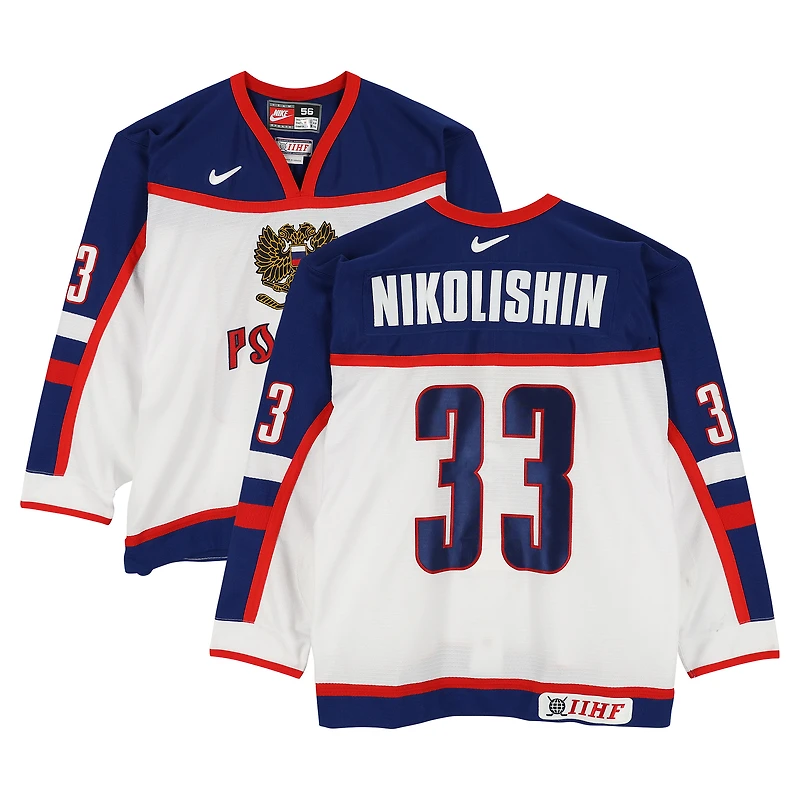 Andrei Nikolishin Team Russia Game-Used #33 White Nike Jersey vs. Team Finland on February 18 during the 2002 Olympic Games