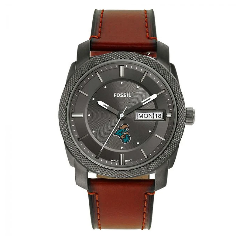 Men's Fossil Coastal Carolina Chanticleers Machine Three-Hand Date Brown Leather Watch