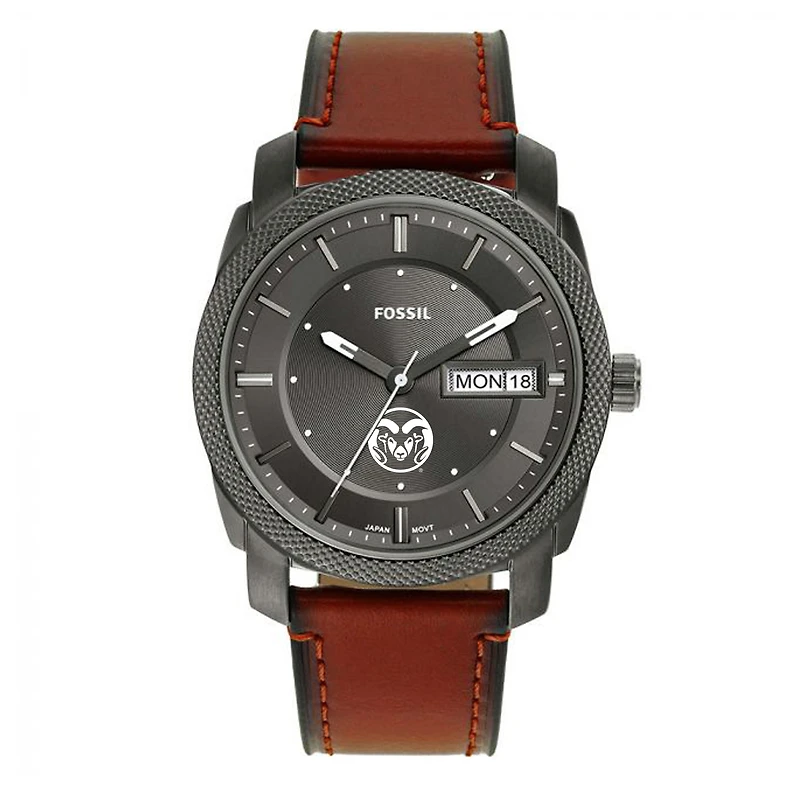 Men's Fossil Colorado State Rams Machine Three-Hand Date Brown Leather Watch