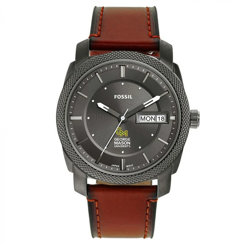 Men's Fossil George Mason Patriots Machine Three-Hand Date Brown Leather Watch