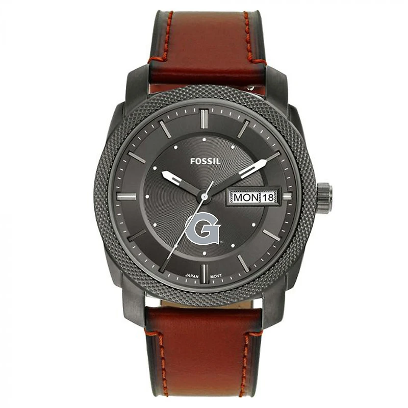 Men's Fossil Georgetown Hoyas Machine Three-Hand Date Brown Leather Watch