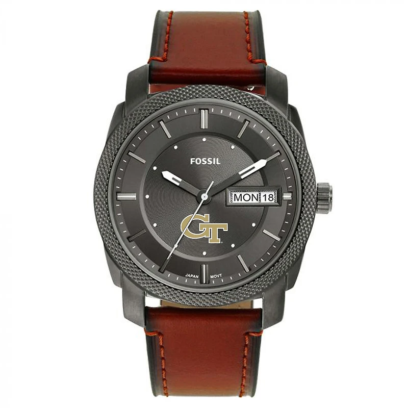 Men's Fossil Georgia Tech Yellow Jackets Machine Three-Hand Date Brown Leather Watch