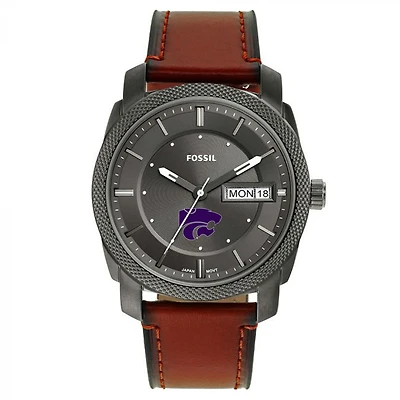 Men's Fossil Kansas State Wildcats Machine Three-Hand Date Brown Leather Watch